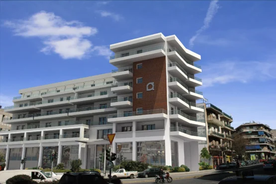 High-fidelity 3D rendering of a corner residential building at Kasomouli 73, Athens, created by VARC Studio.