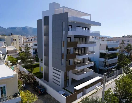 Aerial 3D architectural visualization of a modern apartment building in Elliniko by VARC