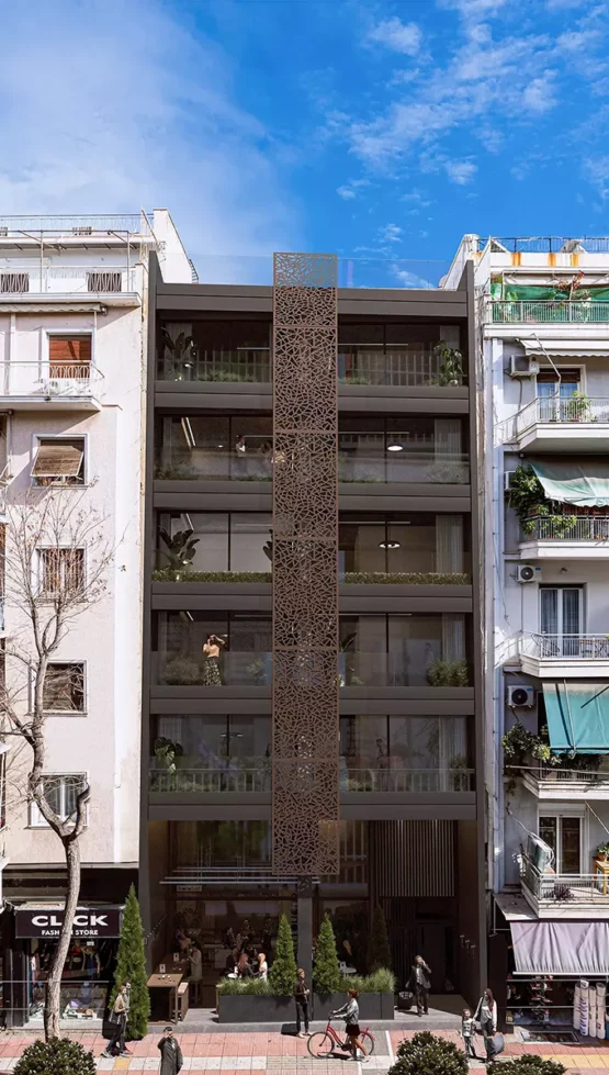 Modern residential building at Acharnon 60, Athens, featuring a distinctive brown perforated vertical screen and contemporary facade design, visualized by VARC Studio.