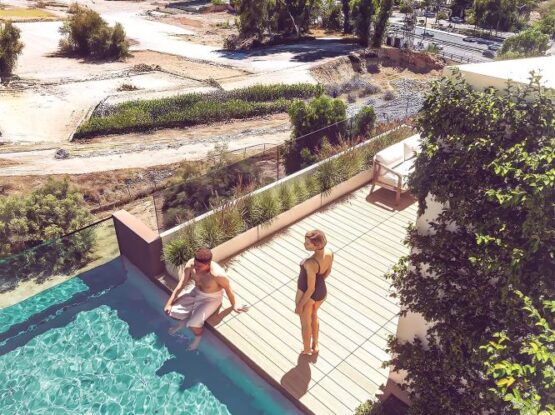 Modern balcony interior design and architectural rendering for a luxury apartment in Athens by VARC Studio.