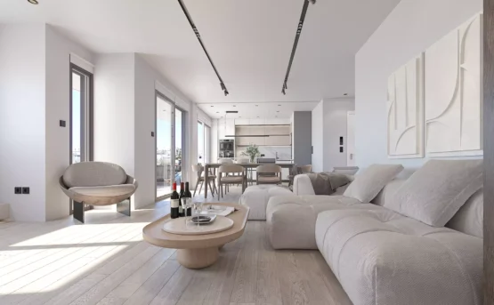 Luxury open-plan living room with minimalist sofa and industrial lighting in Palaio Faliro Loft