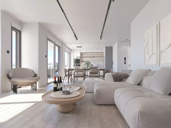 Luxury open-plan living room with minimalist sofa and industrial lighting in Palaio Faliro Loft