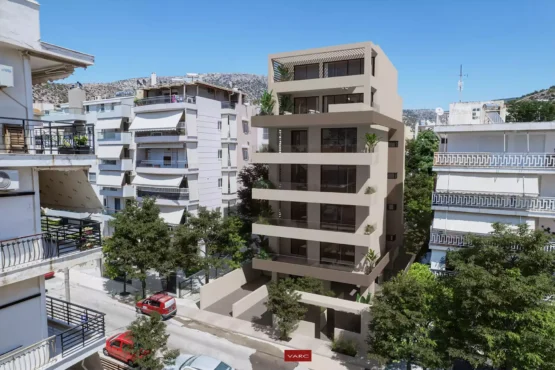 Modern residential building facade in Glyfada by PSI Constructions and MS Architects, 3D architectural rendering by VARC Studio.