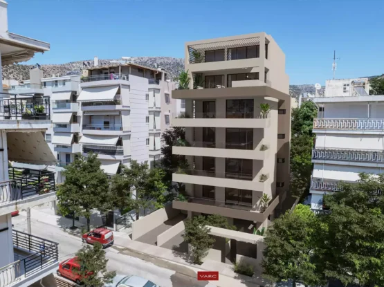 Modern residential building facade in Glyfada by PSI Constructions and MS Architects, 3D architectural rendering by VARC Studio.