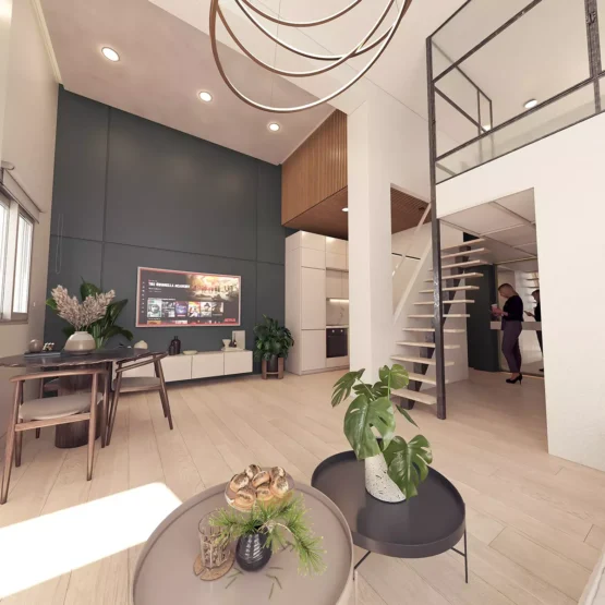 Industrial loft interior design with high ceilings and mezzanine in Dafni, 3D visualization for Golden Visa by VARC