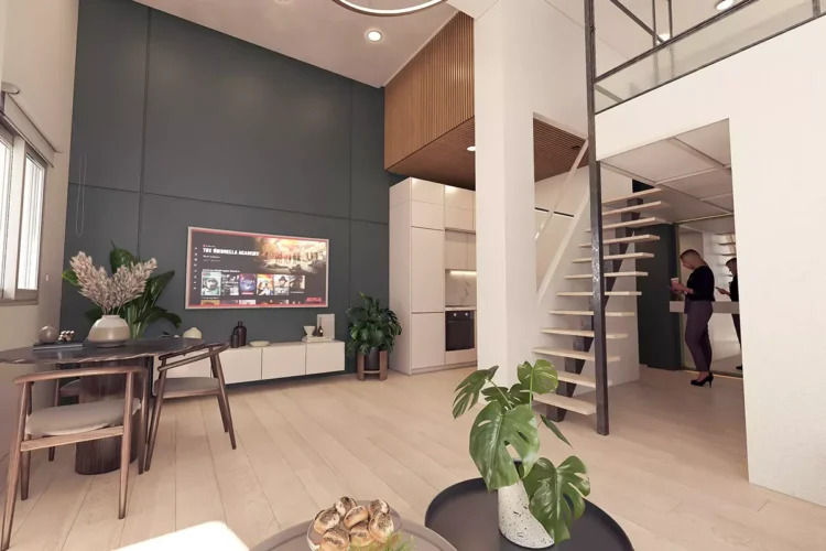 Industrial loft interior design with high ceilings and mezzanine in Dafni, 3D visualization for Golden Visa by VARC