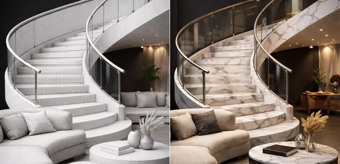 3D wireframe vs finished luxury interior rendering showing detailed modeling and PBR materials by VARC Studio.
