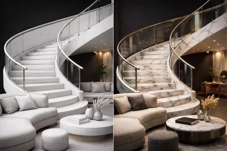 3D wireframe vs finished luxury interior rendering showing detailed modeling and PBR materials by VARC Studio.