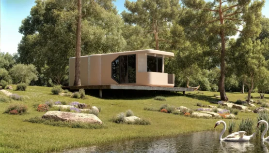 Capsule Home lake environment exterior rendering by VARC