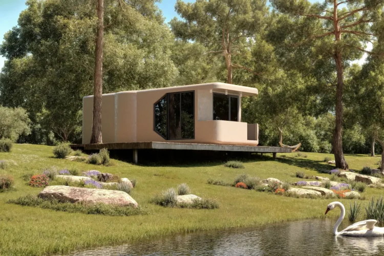 Capsule Home lake environment exterior rendering by VARC