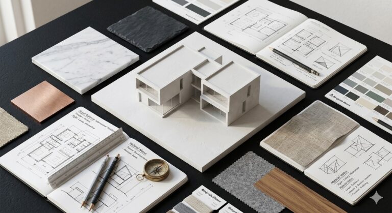 Luxury real estate marketing research and architectural moodboard for premium projects in the Athenian Riviera, featuring marble samples and 3D modeling sketches.
