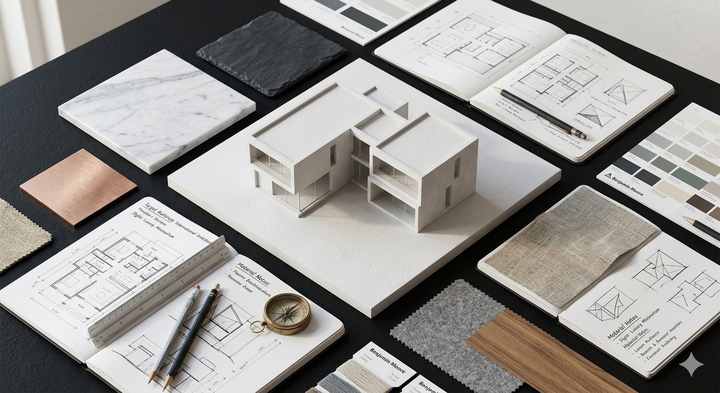 Luxury real estate marketing research and architectural moodboard for premium projects in the Athenian Riviera, featuring marble samples and 3D modeling sketches.