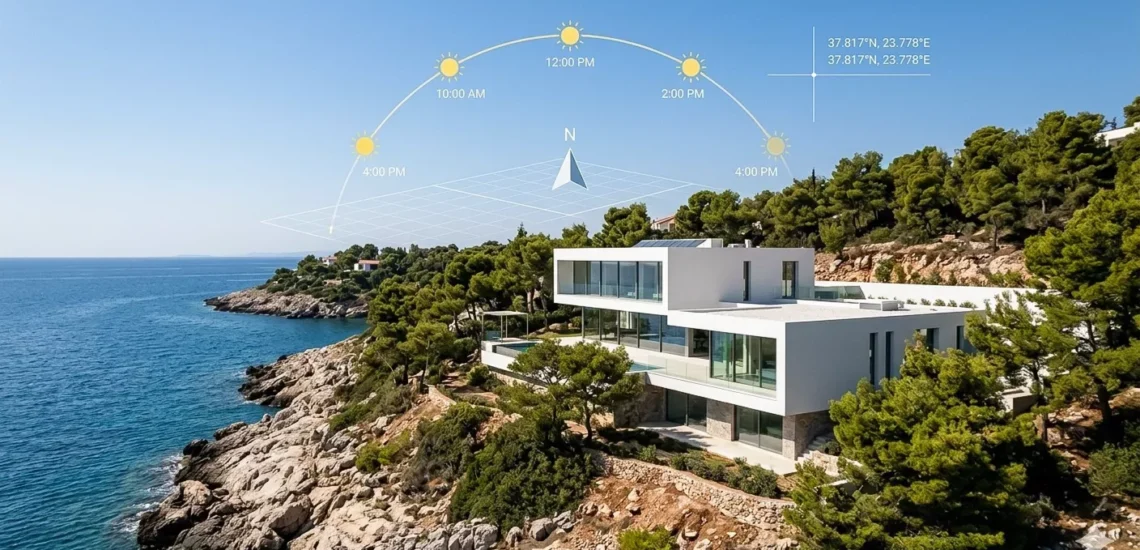 Drone site survey of Athenian Riviera luxury villa with integrated 3D sun trajectory overlay for precise lighting by VARC Studio