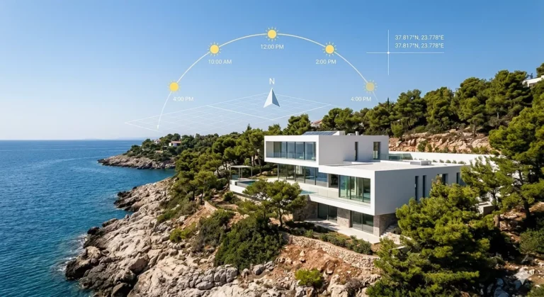 Drone site survey of Athenian Riviera luxury villa with integrated 3D sun trajectory overlay for precise lighting by VARC Studio