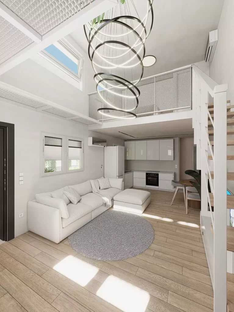 Luxury open-plan living room with white sofa and loft design in Agios Dimitrios