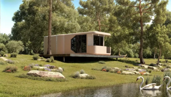 Exterior 3D architectural rendering of a modern industrial capsule home situated on a grassy hill next to a calm lake with swans and surrounded by pine trees.