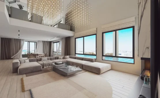 Luxury double-height living room interior 3D visualization for PLEIADON project in Palaio Faliro by VARC Studio.