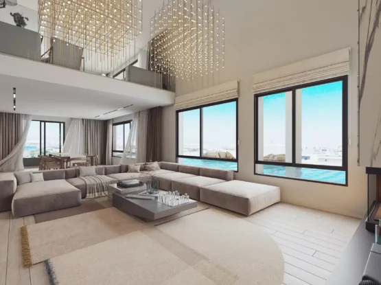 Luxury double-height living room interior 3D visualization for PLEIADON project in Palaio Faliro by VARC Studio.