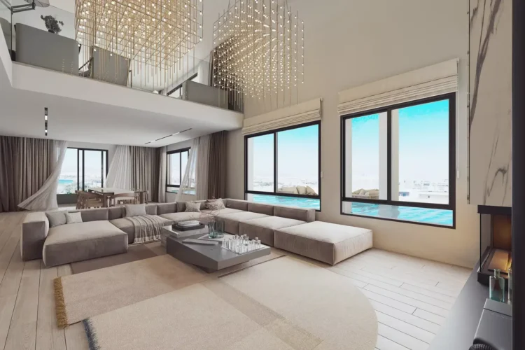 Luxury double-height living room interior 3D visualization for PLEIADON project in Palaio Faliro by VARC Studio.