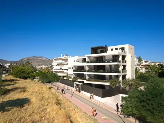 Exterior 3D architectural rendering of a premium multi-family residential building in Glyfada, featuring contemporary white geometric facades and glass-framed balconies.