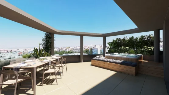 Exterior architectural visualization of the Papandreou Famar loft in Alimos, highlighting the expansive roof garden, outdoor dining area, and jacuzzi, rendered by Varc Studio.