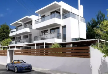 Exterior 3D visualization of a modern residential building at the corner of Lerou and Lypson streets in Panorama Voula, designed by ISV Architects and built by Skotidas.
