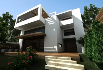 3D rendering luxury villa entrance and garden Pani Alimos Hatzimanolakis