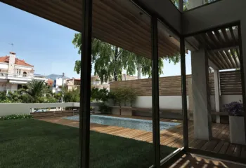 3D rendering luxury interior living area pool view Alimos Hatzimanolakis