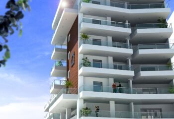 Close-up 3D rendering showcasing the balcony detail and modern facade of a corner building at Kasomouli 73, Athens, by VARC Studio.