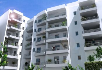 3D rendering showing the interior corner and courtyard of a multi-story residential building at Kasomouli 73, Athens, by VARC Studio.
