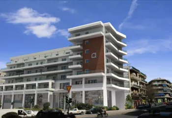 High-fidelity 3D rendering of a corner residential building at Kasomouli 73, Athens, created by VARC Studio.
