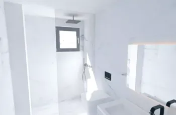 Luxury bathroom interior design with marble tiles in Elliniko, 3D visualization by VARC
