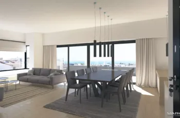Luxury open-plan living room and dining area with panoramic sea view in Elliniko, 3D visualization by VARC