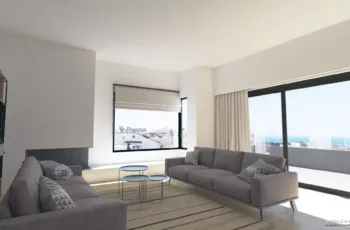 Minimalist living room interior with modern furniture and large windows in Elliniko, 3D visualization by VARC