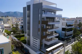 Aerial 3D architectural visualization of a modern apartment building in Elliniko by VARC
