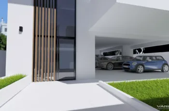 Luxury residential building main entrance and glass facade design in Elliniko, 3D visualization by VARC