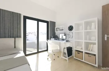 Bright modern bedroom and home office with natural light in Elliniko, 3D visualization by VARC