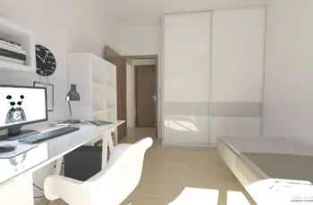 Modern bedroom and home office interior design in Elliniko apartment, 3D visualization by VARC