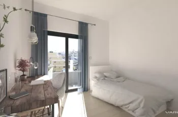 Full view of a modern minimalist bedroom with balcony access in Elliniko, 3D visualization by VARC