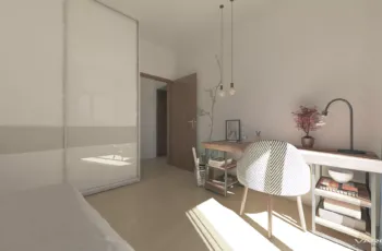 Minimalist bedroom interior with wooden desk and natural light in Elliniko, by VARC