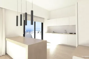 Modern kitchen interior design with sea view in Elliniko residential complex, 3D visualization by VARC