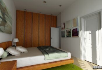 Luxury master bedroom interior at Zerva 64 in Glyfada, featuring minimalist wooden elements and modern art, designed by ISV Architects.