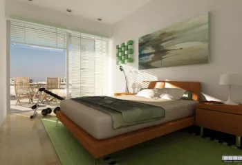 Luxury master bedroom interior with a private terrace at Zerva 64, Glyfada, designed by ISV Architects and developed by Skotidas Constructions.