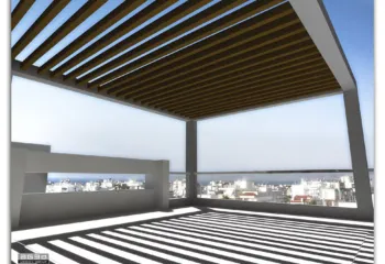 Luxury roof garden with a modern pergola at Zerva 64 in Glyfada, designed by ISV Architects and built by Skotidas Constructions.