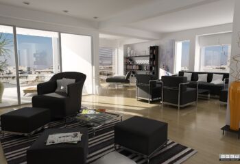 Spacious minimalist living room at Zerva 64 in Glyfada, showcasing floor-to-ceiling glass doors and modern furniture designed by ISV Architects.