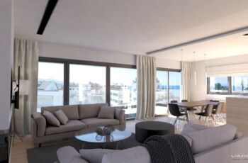 3D Rendering Athens - Alimos Residential Building Interior Living Room Corner View