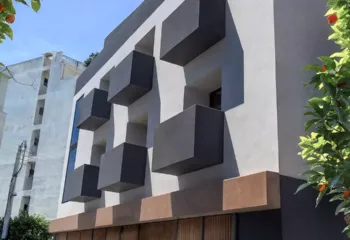 Architectural visualization (CGI) of the modern residential building in Kerameikos Gazi, designed by Michalis Sirigos for PSI Constructions, rendered by Varc Studio.