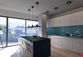 High-end CGI interior architectural visualization of a residential space with Acropolis view, designed by Michalis Sirigos for PSI Constructions, rendered by Varc Studio.