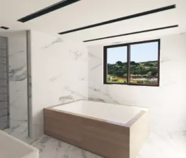 Luxury bathroom 3D rendering with large built-in bathtub wooden cladding and window view to green landscape Alimos
