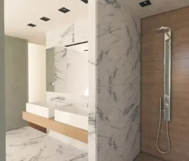 Luxury bathroom 3D rendering with double vessel sinks marble walls and walk-in shower with wooden tiles Alimos